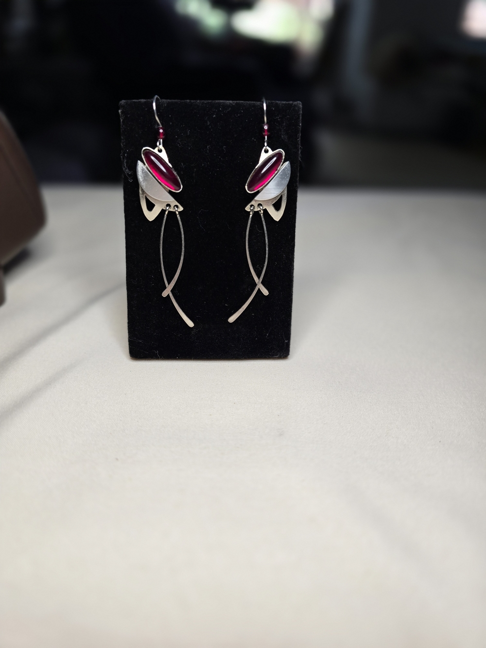 Handmade Sterling Silver Drop Earrings with Red Accent